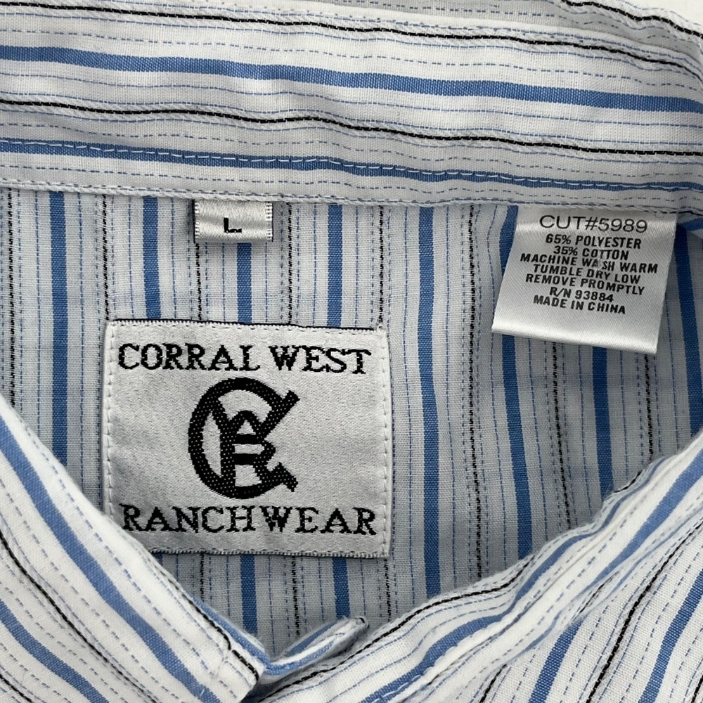 Corral West Ranchwear Mens Size L Button Up Shirt White Blue Striped Pearl Snap - Picture 4 of 8